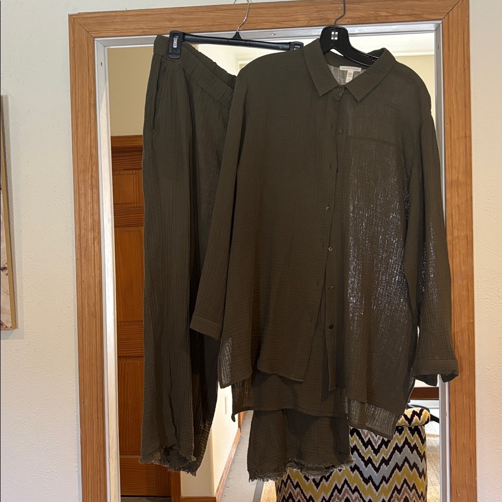 Eileen Fisher Olive Wide Leg Pants & Shirt Set